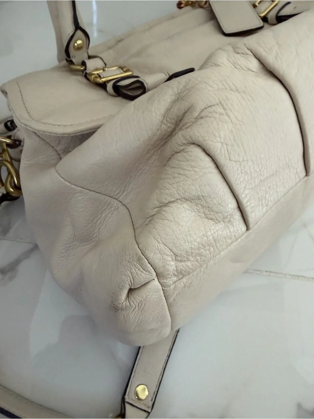 Coach Cream Leather Handbag with Rose-Pink Satin Interior and Gold Snap
